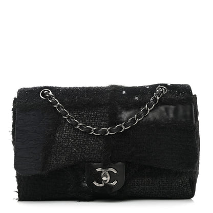 Chanel Tweed Faux Fur Patchwork Jumbo Single Flap Black 1 of 10