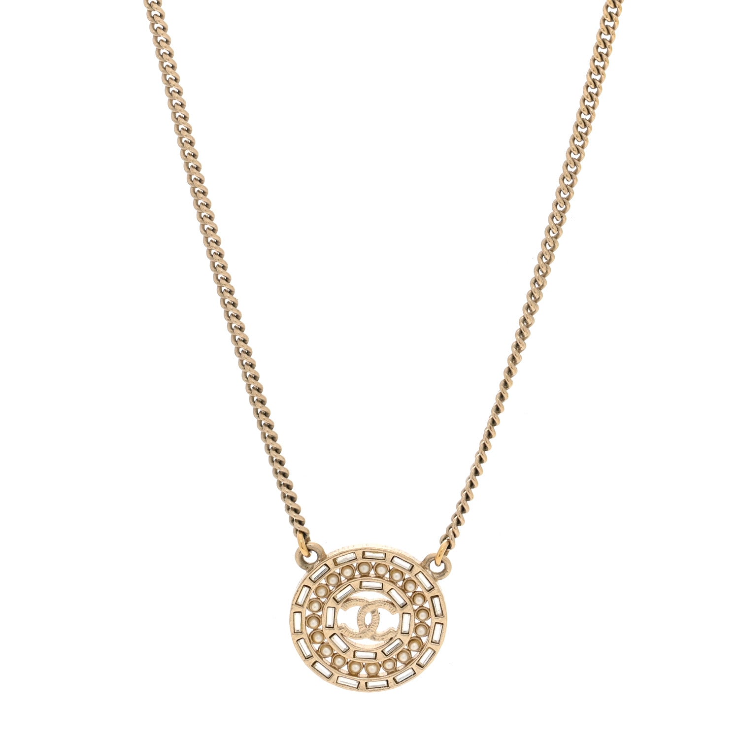 Chanel Pearl Baguette Crystal CC Medallion Necklace Gold 1 of 4