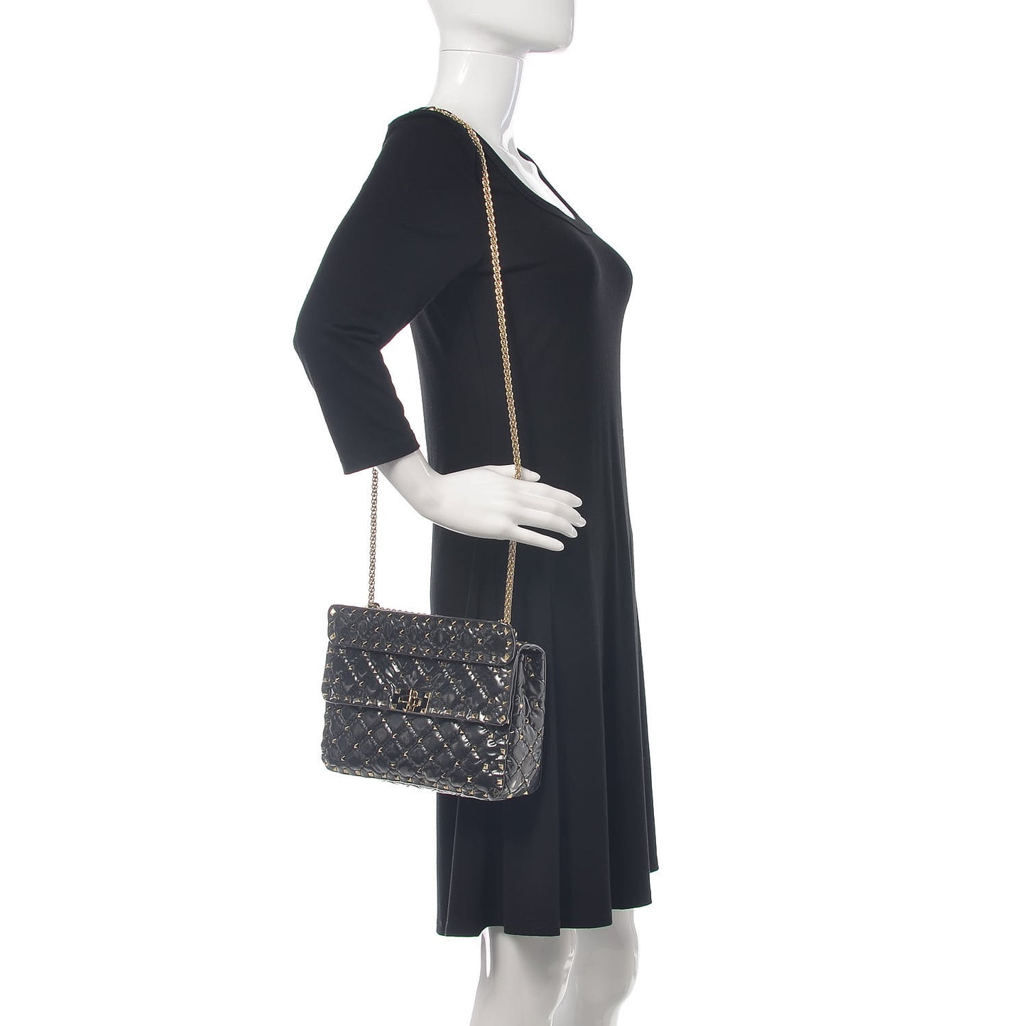 Patent Medium Rockstud Spike Shoulder Bag Black