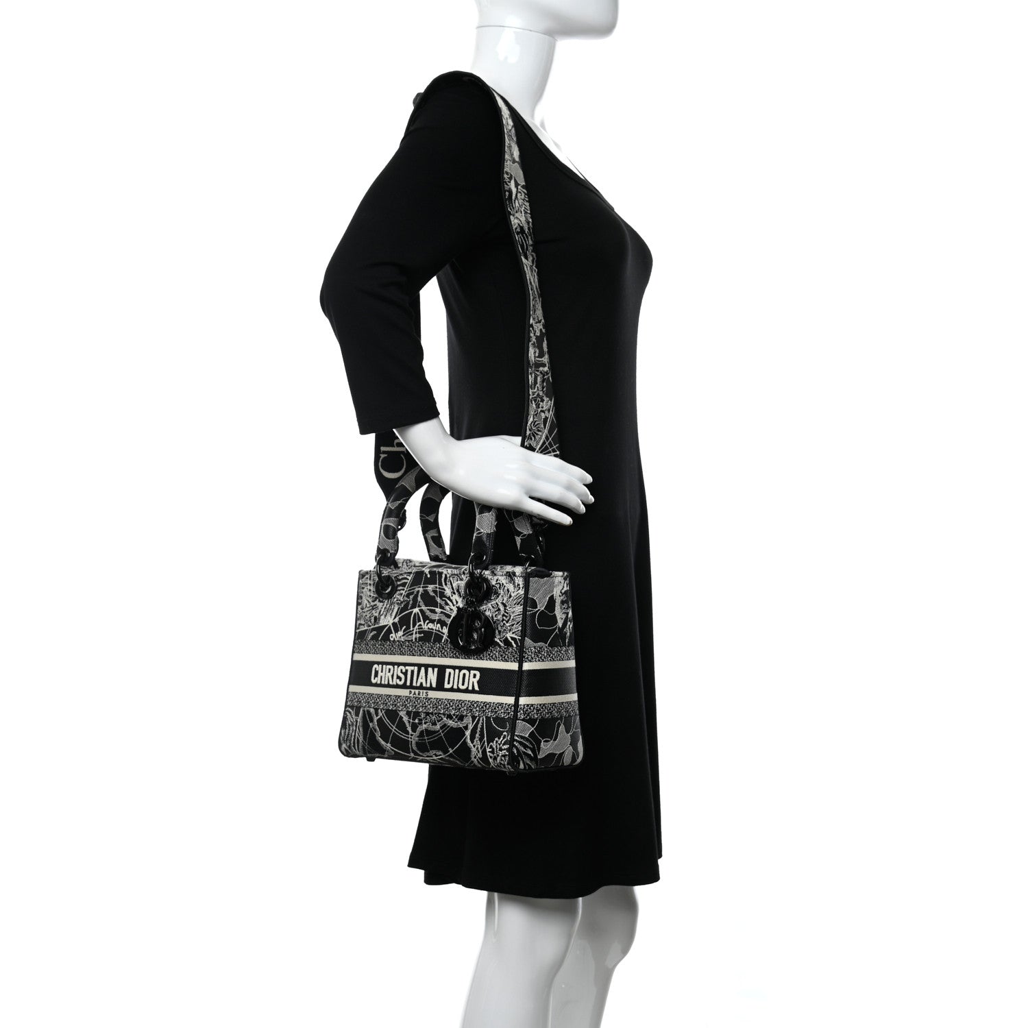 Christian Dior Toile de Jouy Embroidered Medium Lady D-Lite Black White 2 of 9