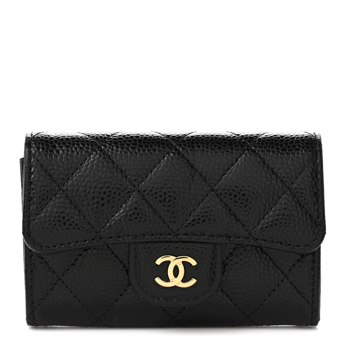 Caviar Quilted Flap Card Holder Wallet Black