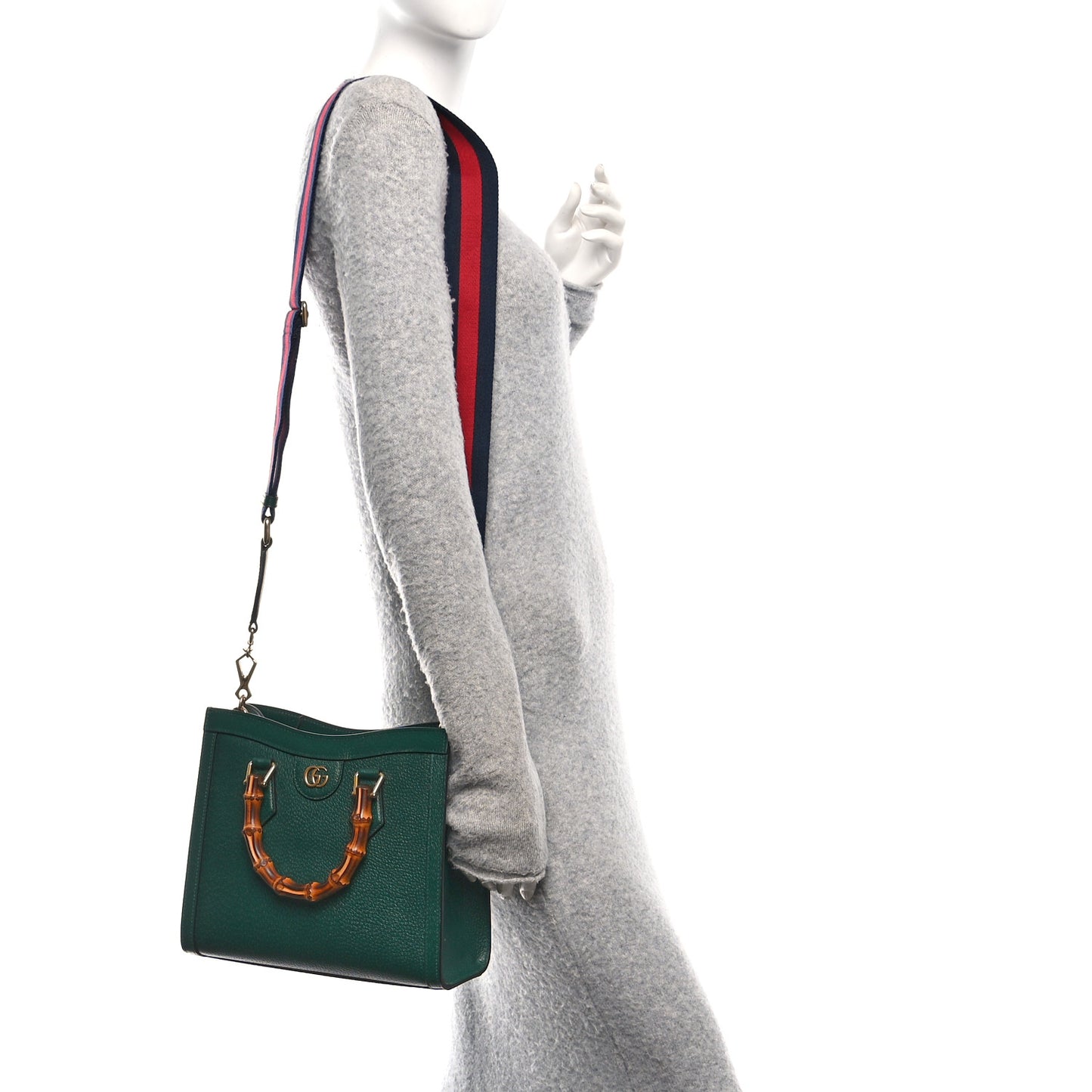 Textured Dollar Calfskin Web Small Diana Tote Bag Vintage Green Powder Pink