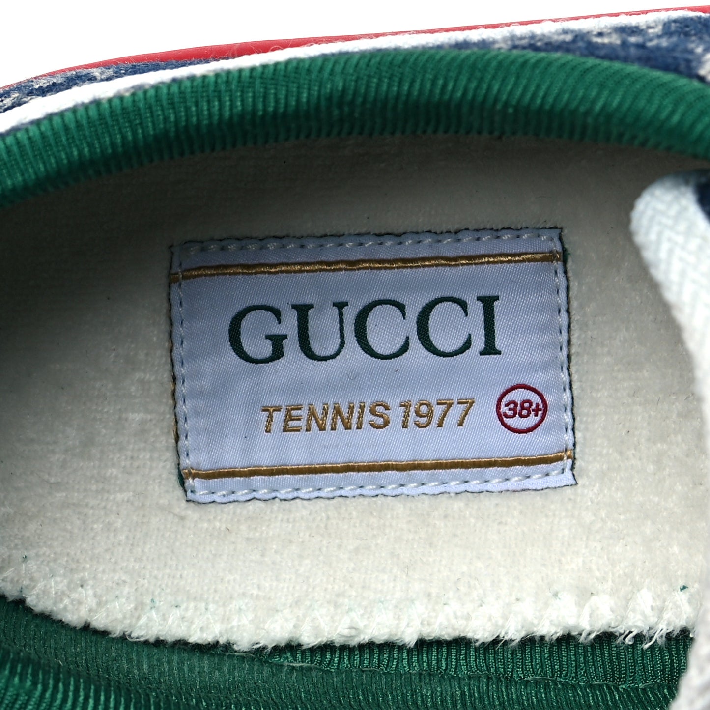 New Denim GG Monogram Web Womens 1977 Tennis Sneakers 38.5 Blue Tea Mystic White