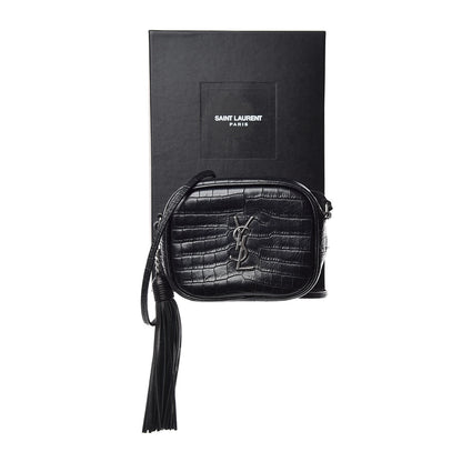 Saint Laurent Calfskin Crocodile Embossed Monogram Blogger Bag Black 11 of 11