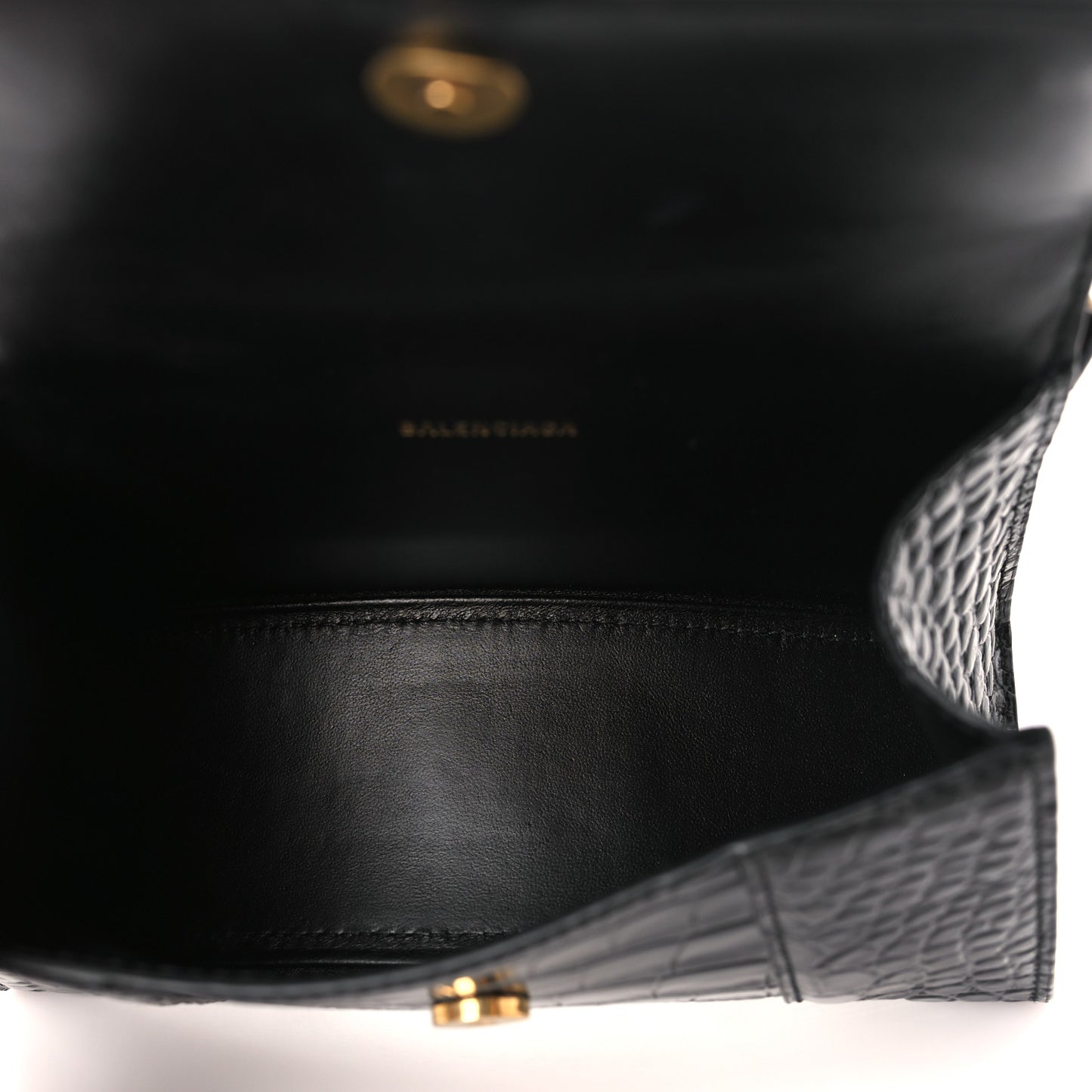 Shiny Calfskin Crocodile Embossed Hourglass Top Handle Bag XS Black
