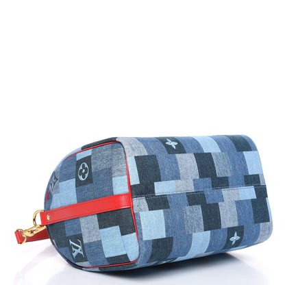 Louis Vuitton Denim Damier Monogram Patchwork Speedy Bandouliere 30 Blue Rouge 4 of 9