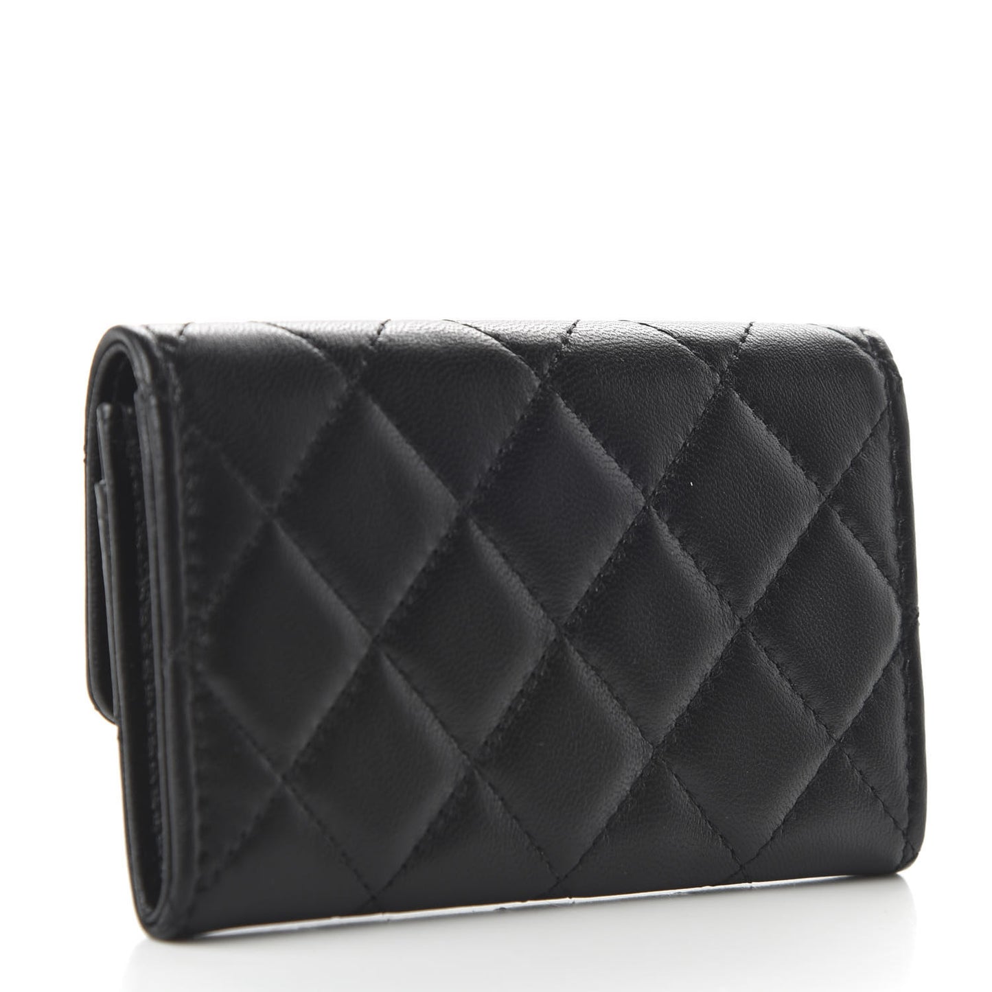 Lambskin Quilted CC Button Flap Card Holder Black