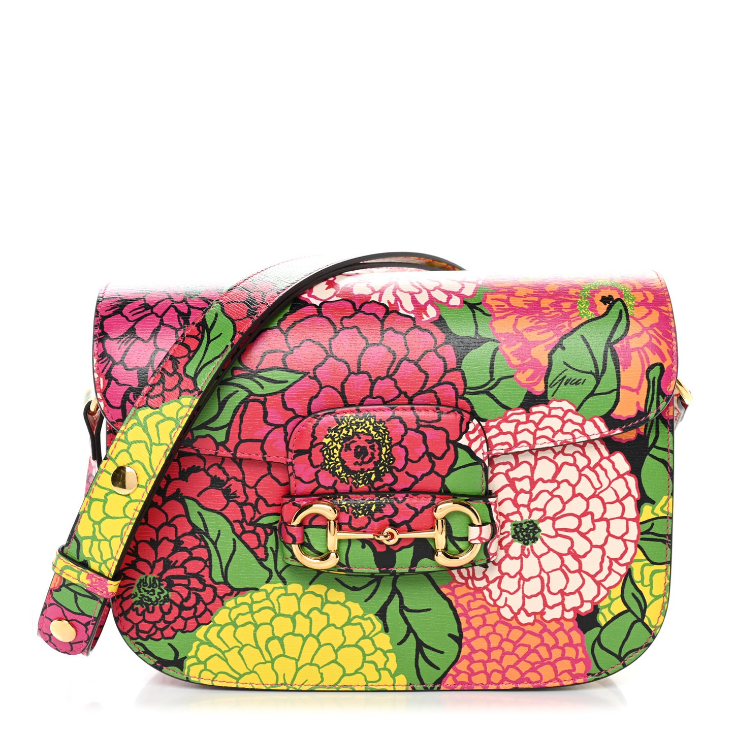 X KEN SCOTT New Shangai Calfskin Pomponica Print Horsebit 1955 Shoulder Bag Multicolor Fuxia Pompon