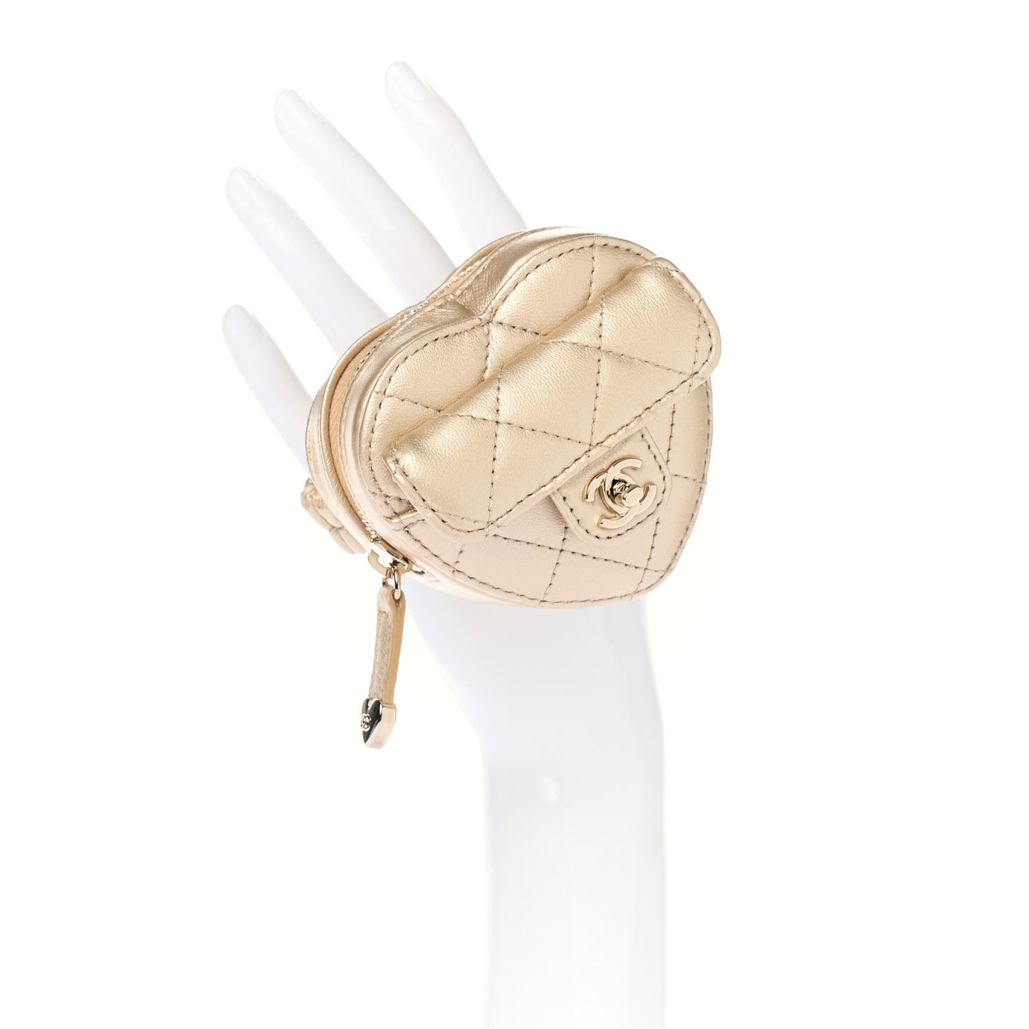 Metallic Lambskin Quilted CC In Love Heart Zipped Arm Coin Purse Gold