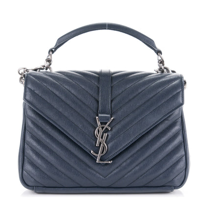 Saint Laurent Sheepskin Matelasse Chevron Monogram Medium College Bag Navy 1 of 7