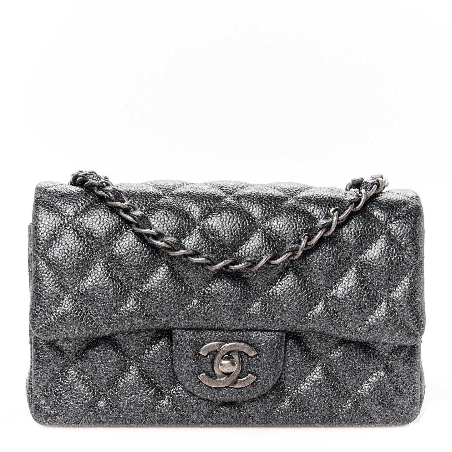 Pearly Caviar Quilted Mini Rectangular Flap Grey