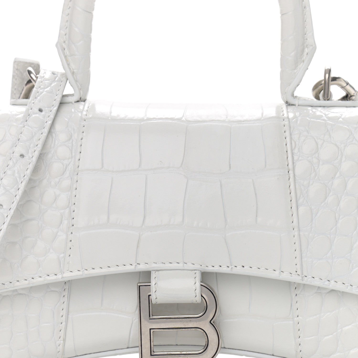 Balenciaga Shiny Calfskin Crocodile Embossed Hourglass Top Handle