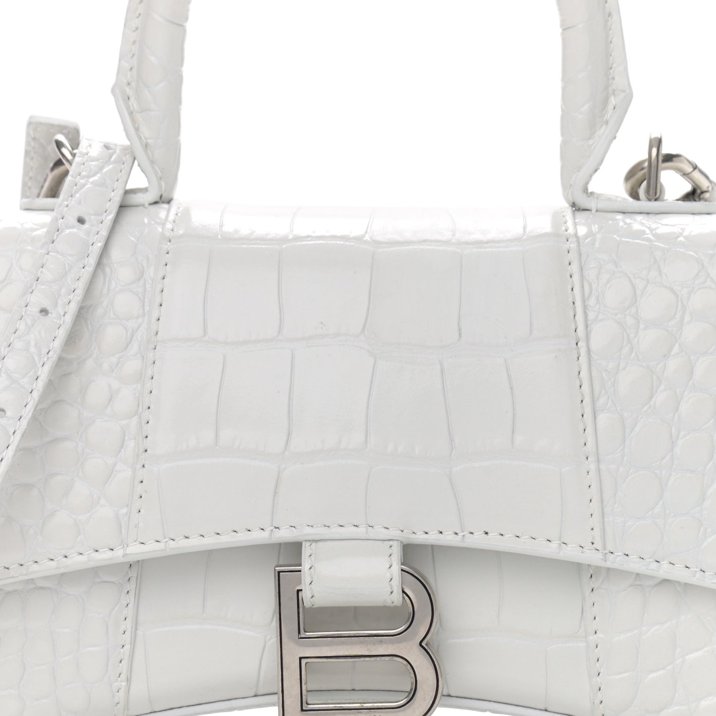 Shiny Calfskin Crocodile Embossed Hourglass Top Handle Bag XS White