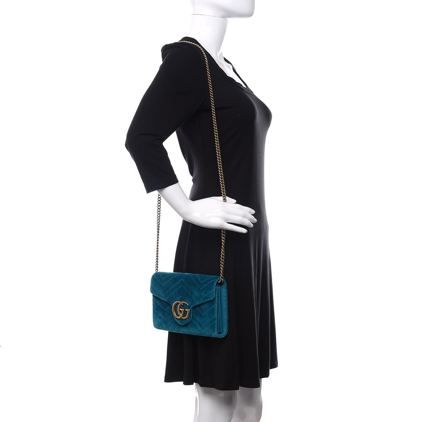 Velvet Matelasse GG Marmont Chain Wallet Pavone Cyan
