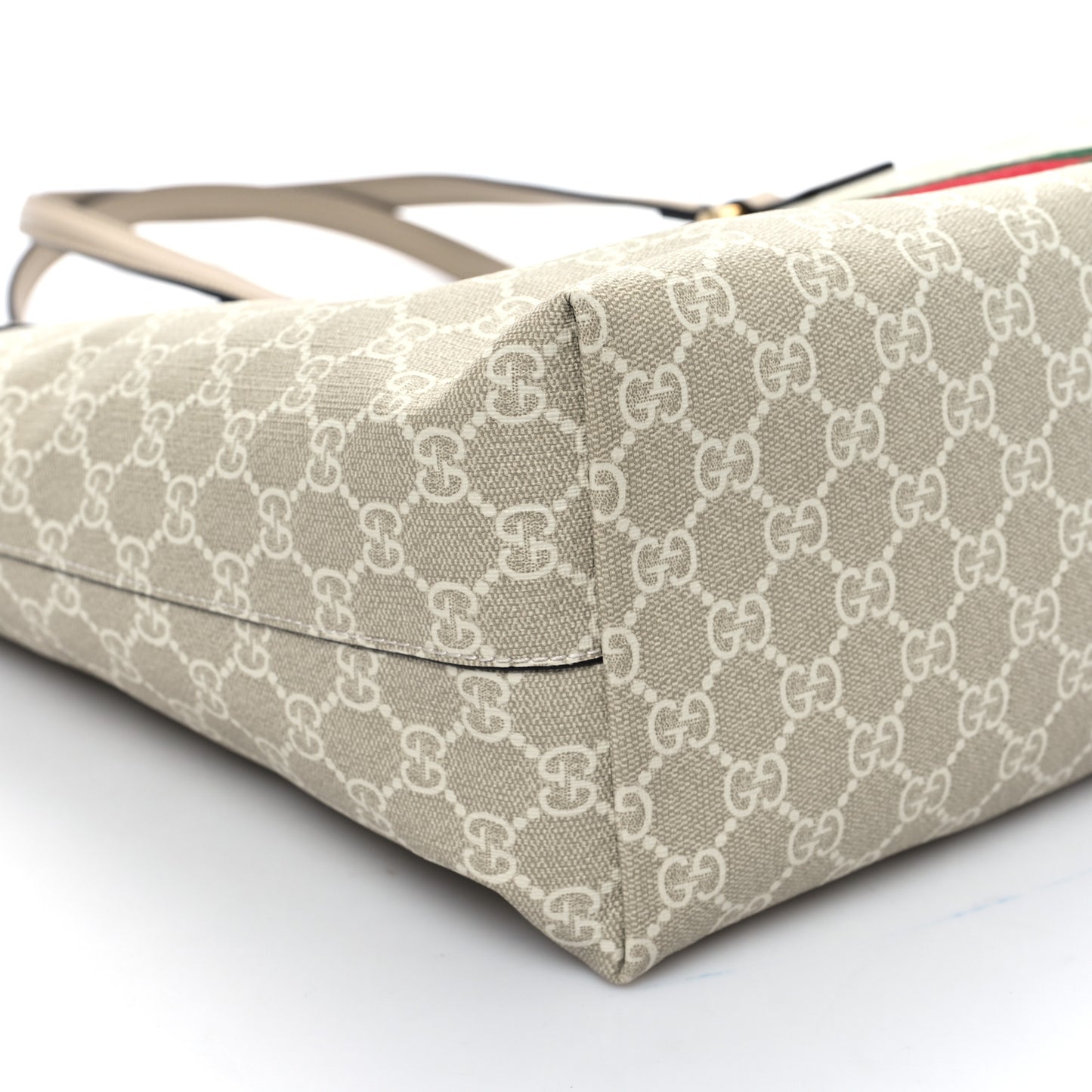 GG Supreme Monogram Textured Dollar Calfskin Web Medium Ophidia Shopping Tote Beige Mystic White Oatmeal