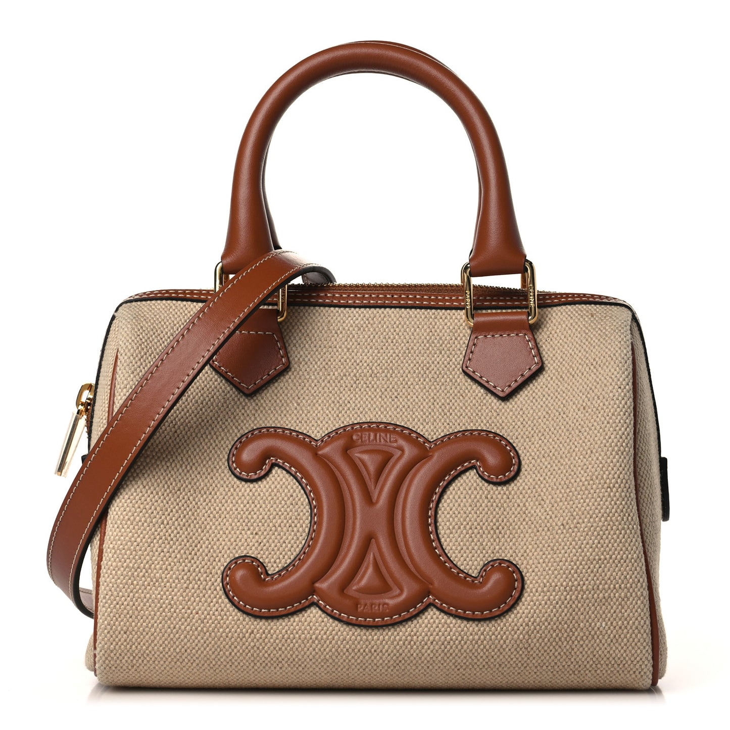 Triomphe Textile Calfskin Small Boston Bag Natural Tan