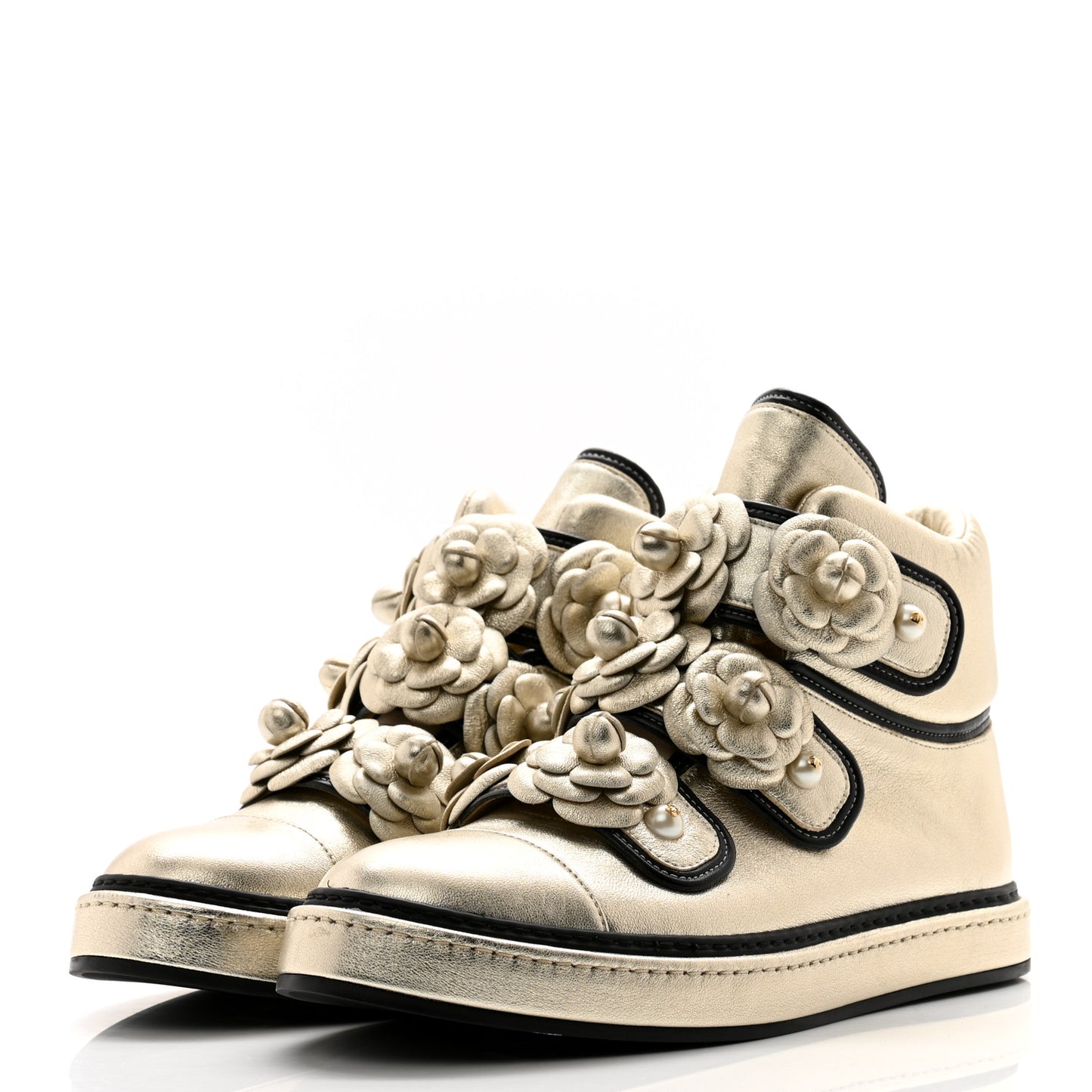 Metallic Lambskin Camellia High Top Sneakers 41 Gold