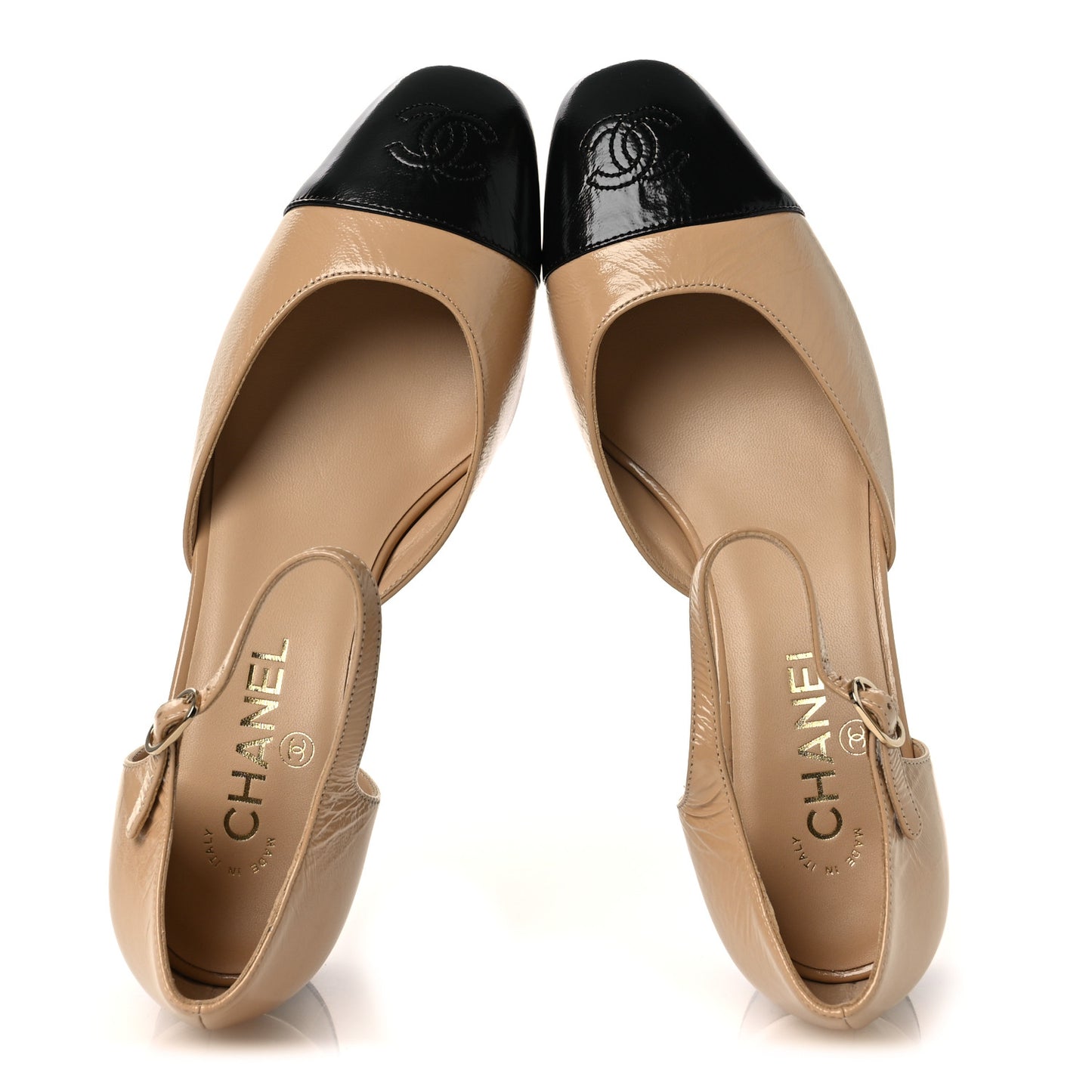 Shiny Lambskin CC Cap Toe Mary Janes Pumps 39.5 Beige Black