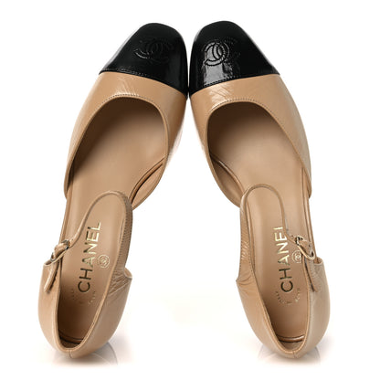 Chanel Shiny Lambskin CC Cap Toe Mary Janes Pumps 39.5 Beige Black 2 of 11