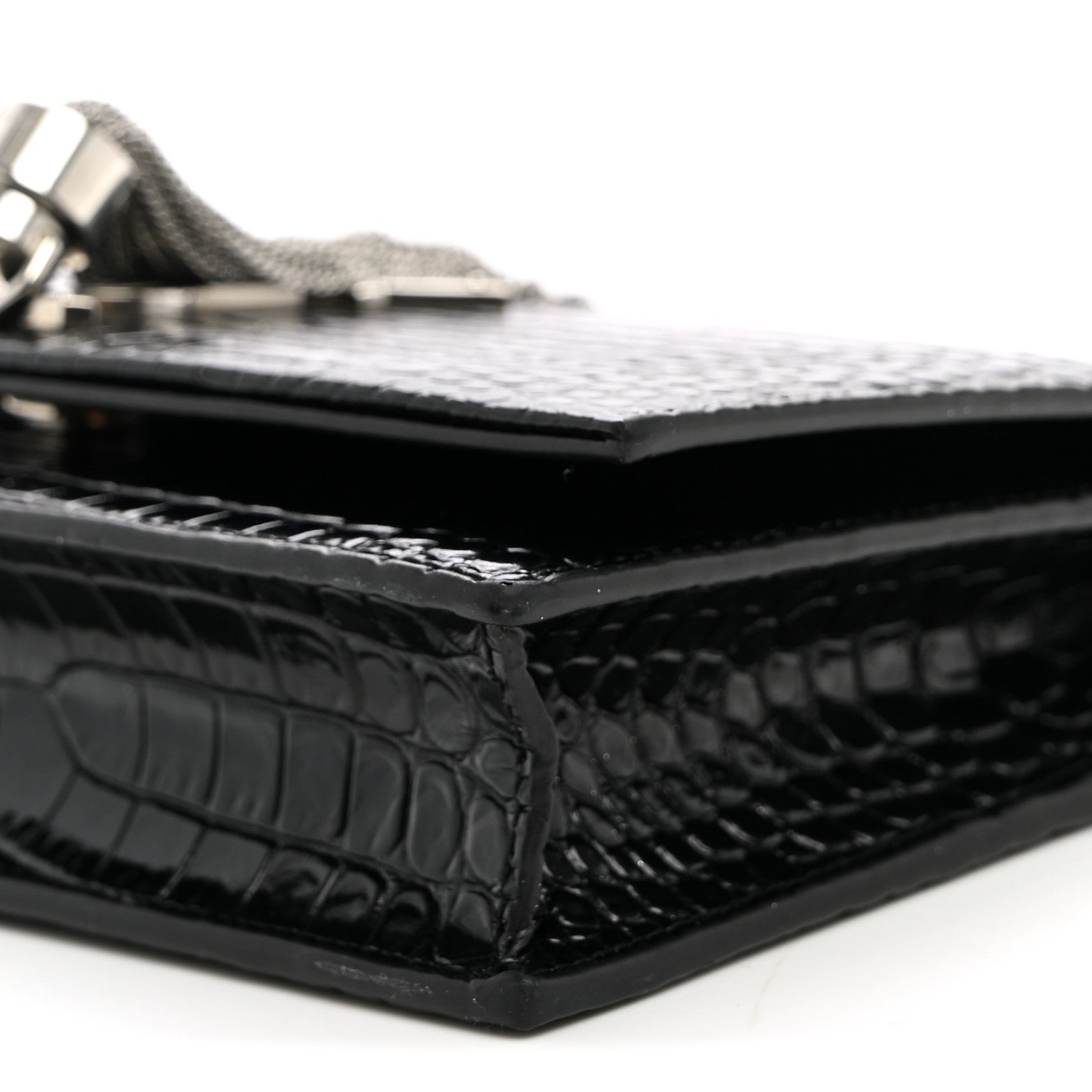 Saint Laurent Calfskin Crocodile Embossed Kate Monogram Tassel Chain Wallet Black 9 of 11