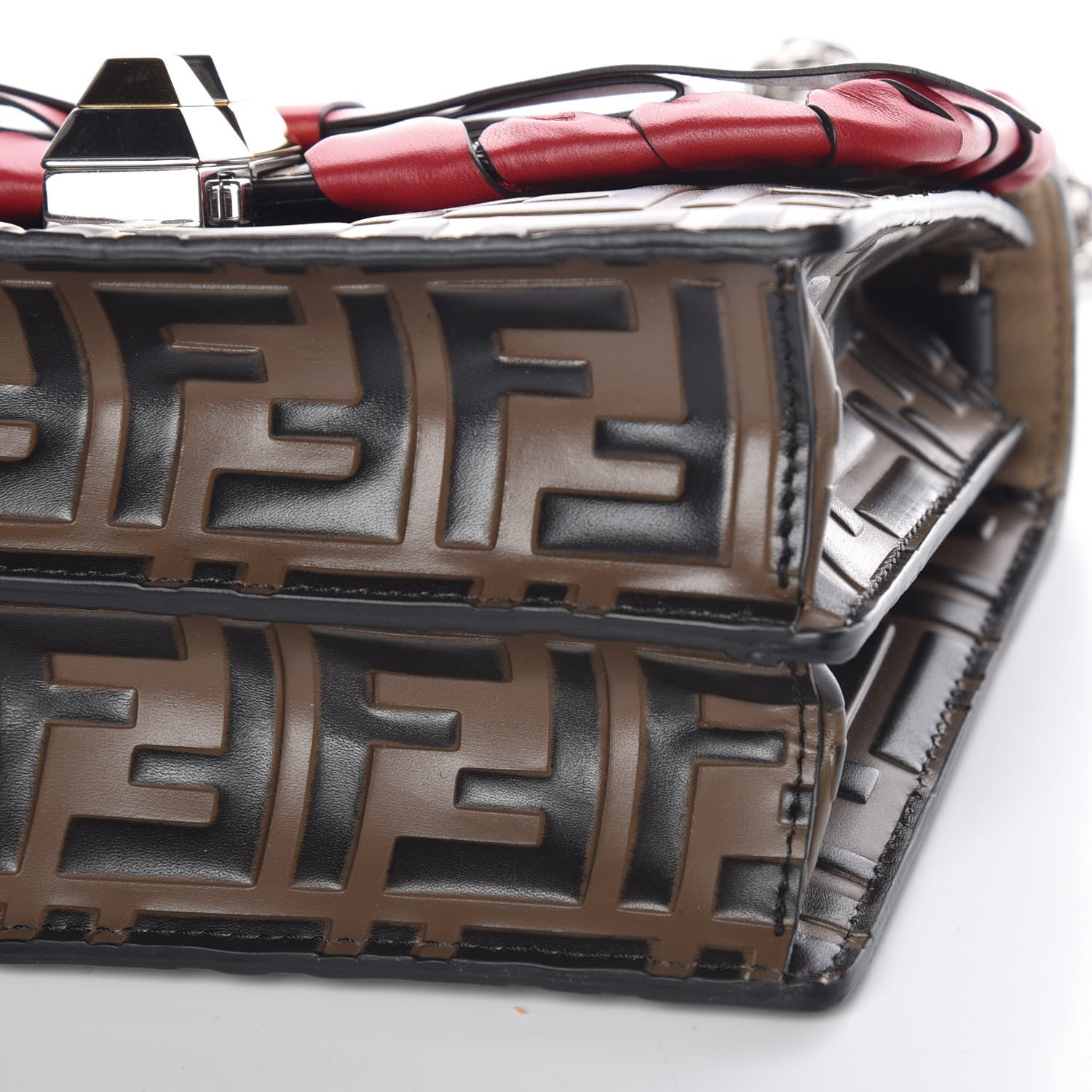 Fendi Vitello Shiny Nappa Bi-Color FF 1974 Lace Up Bow Embossed Small Kan I Shoulder Bag Maya Black Fragola 9 of 9