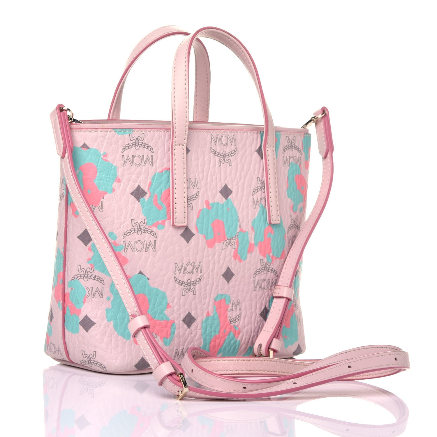 MCM Visetos Floral Leopard Mini Anya Top Zip Shopper Tote Pink 3 of 9