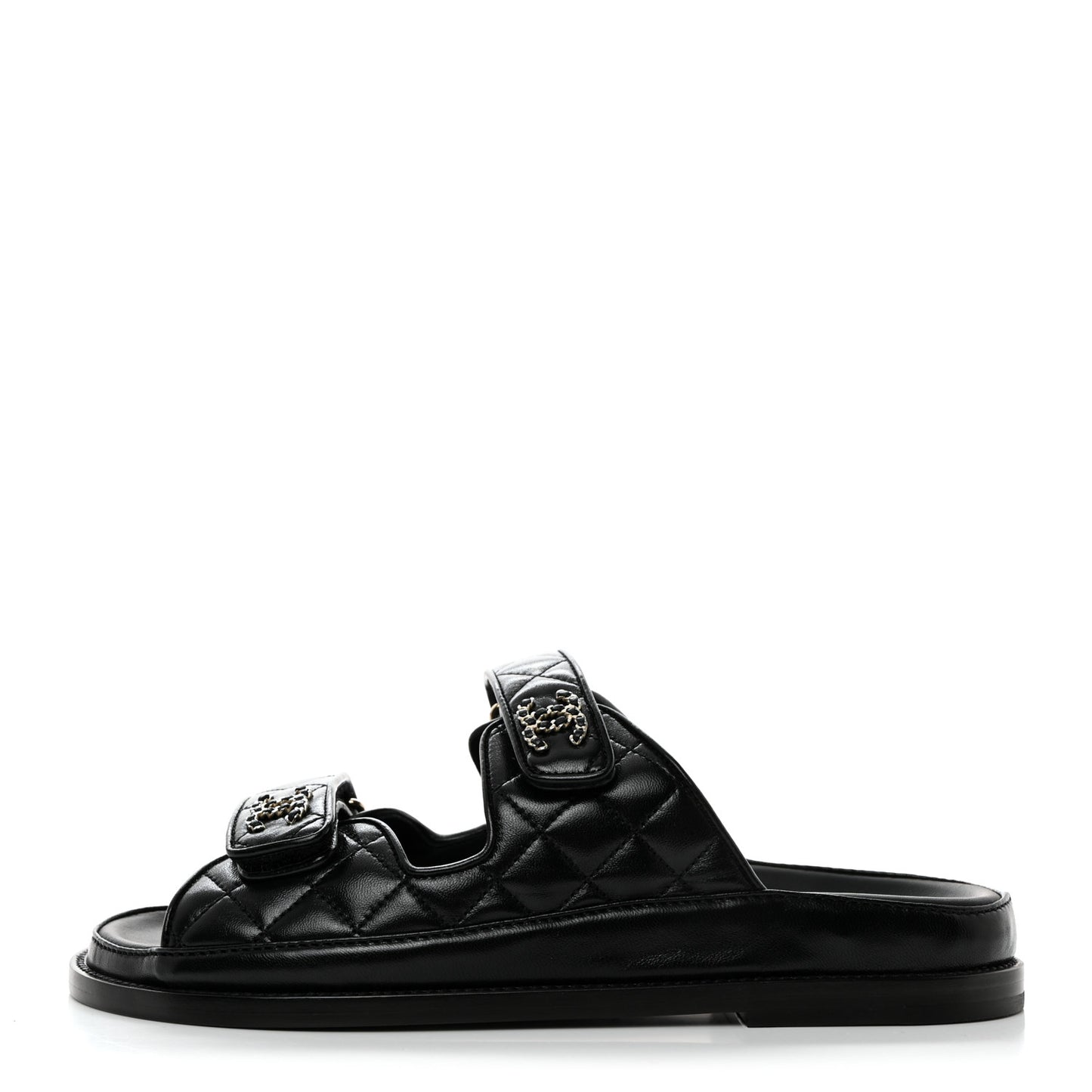 Lambskin Quilted Velcro Dad Chain CC Slide Sandals 39 Black