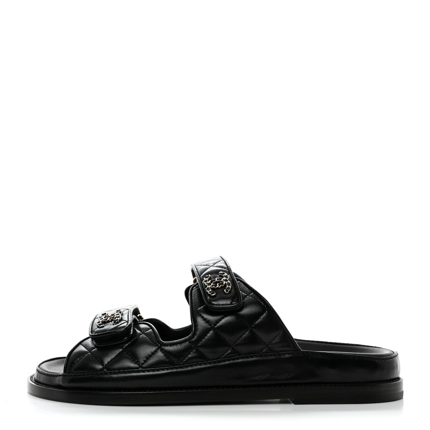 Chanel Lambskin Quilted Velcro Dad Chain CC Slide Sandals 39 Black 1 of 9