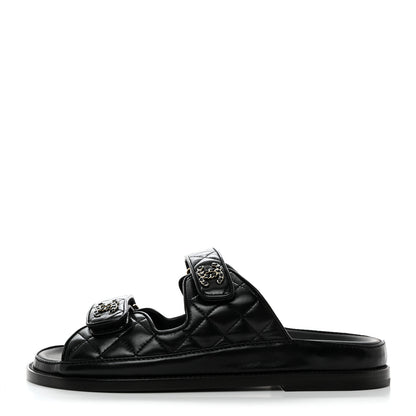 Chanel Lambskin Quilted Velcro Dad Chain CC Slide Sandals 39 Black 1 of 9