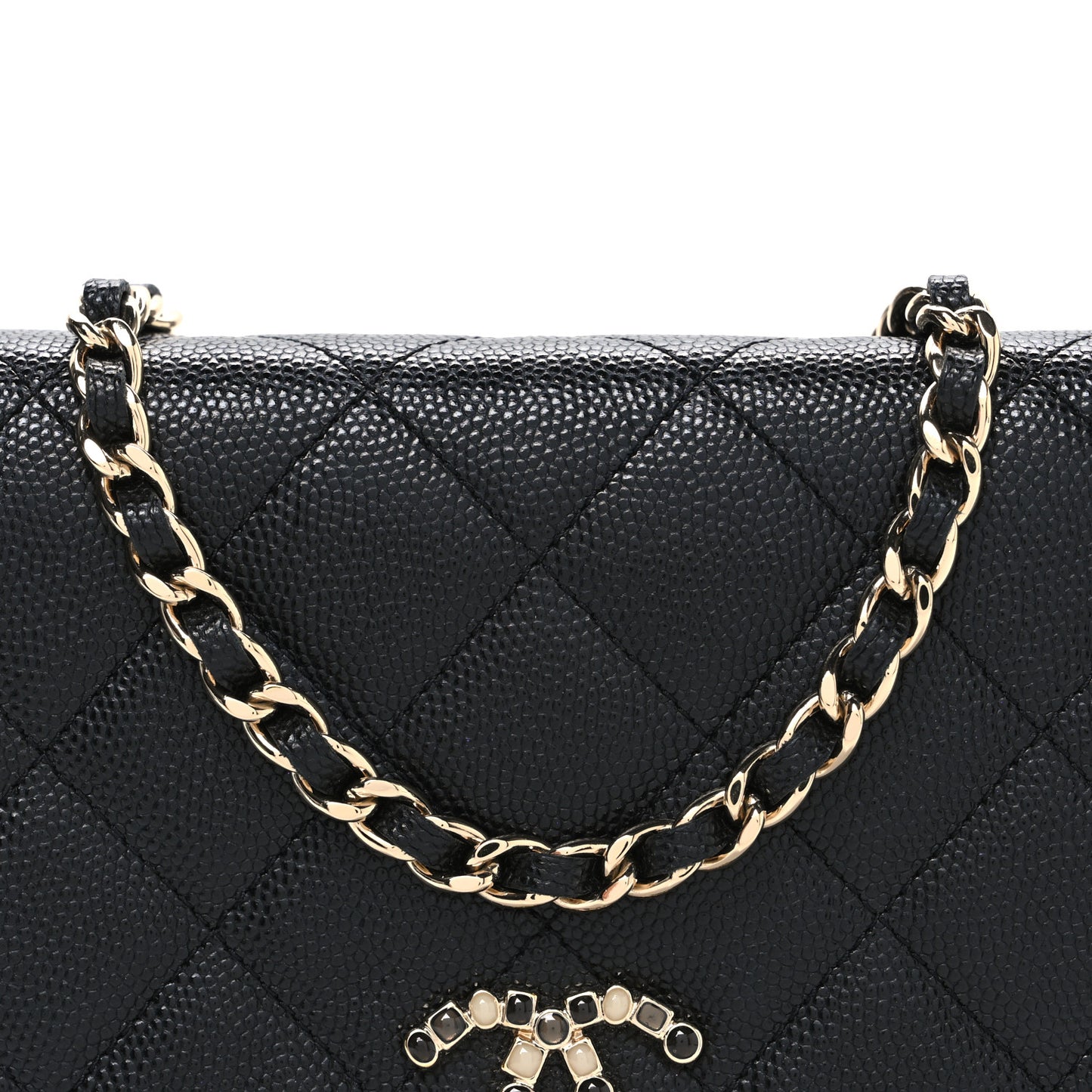Shiny Caviar Enamel Quilted CC Wallet On Chain WOC Black