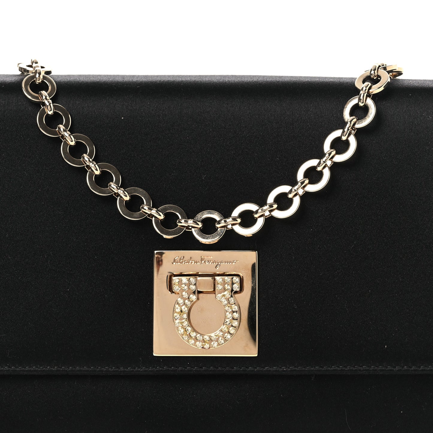 Satin Crystal Gancini Chain Flap Bag Black