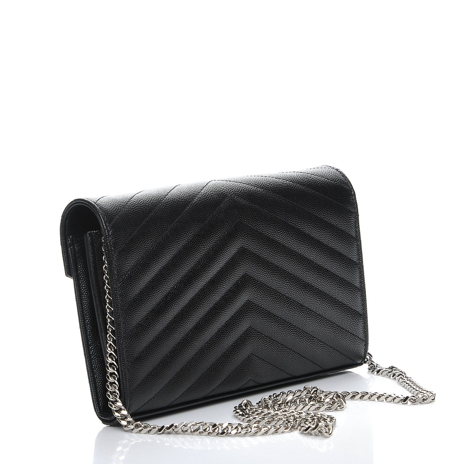 Saint Laurent Grain De Poudre Matelasse Chevron Monogram Chain Wallet Black 3 of 7