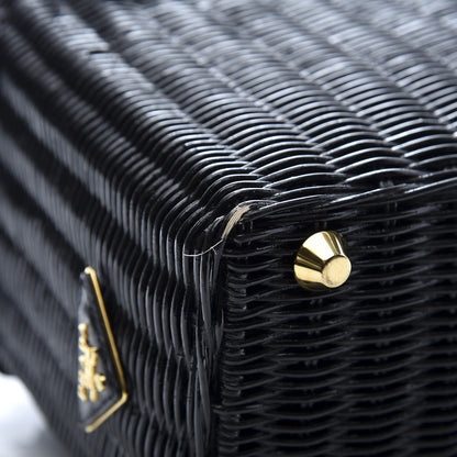 Prada Wicker Canvas Floral Embellished Shoulder Bag Black 9 of 12