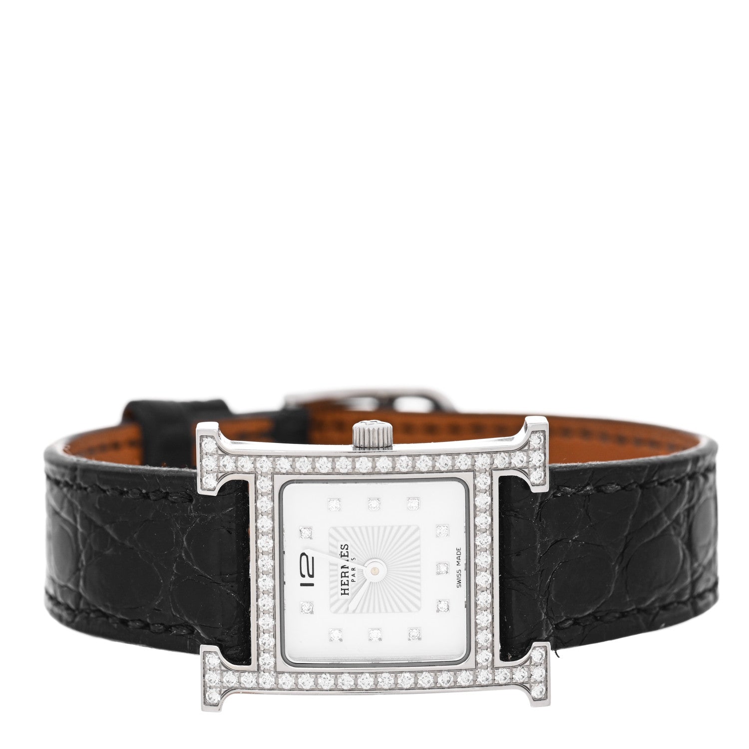 Hermes Stainless Steel Alligator Diamond Bezel Mother of Pearl 21mm Heure H Hour Quartz Watch Noir 2 of 5