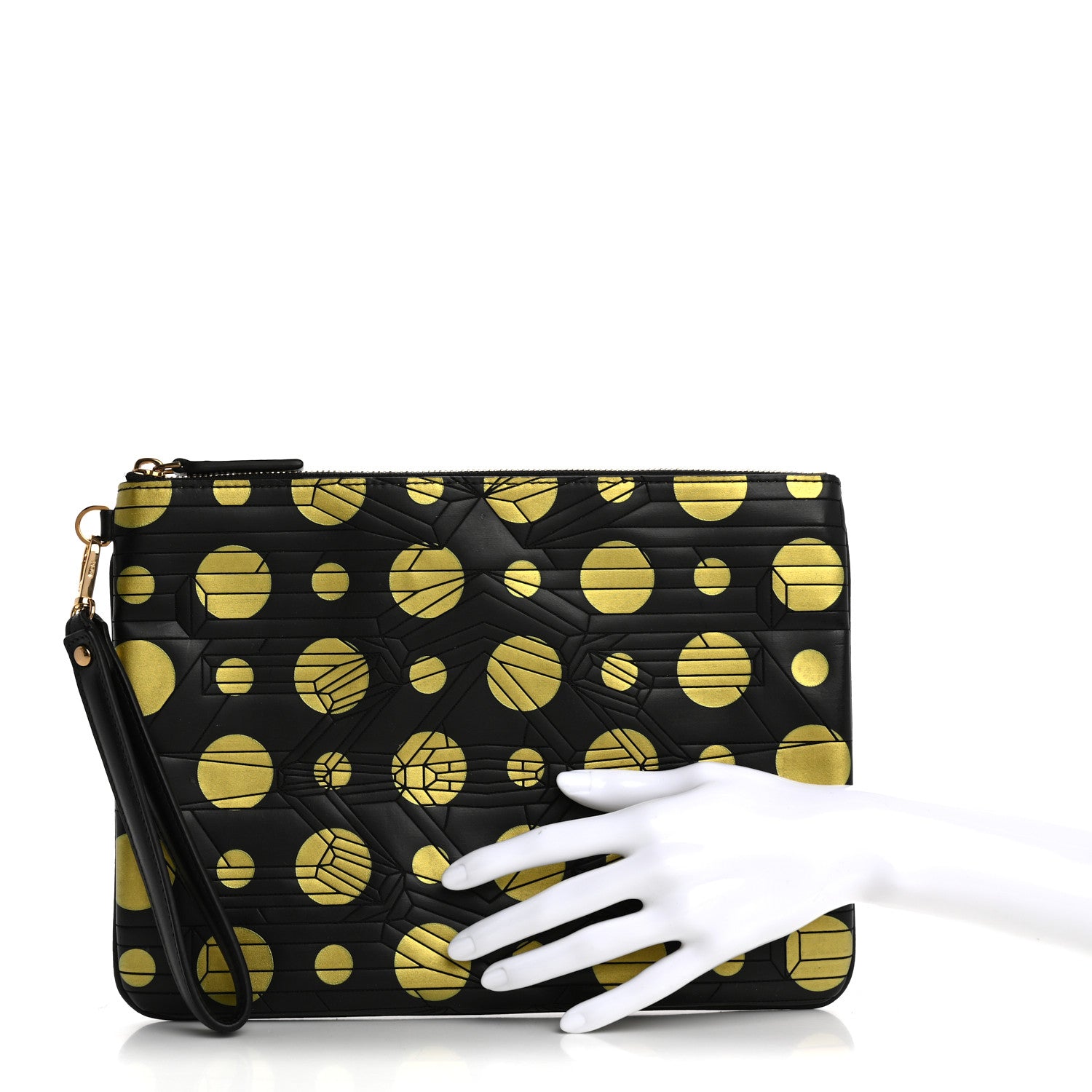 MCM Visetos Polka Dot Wristlet Zip Pouch Black Gold 2 of 10
