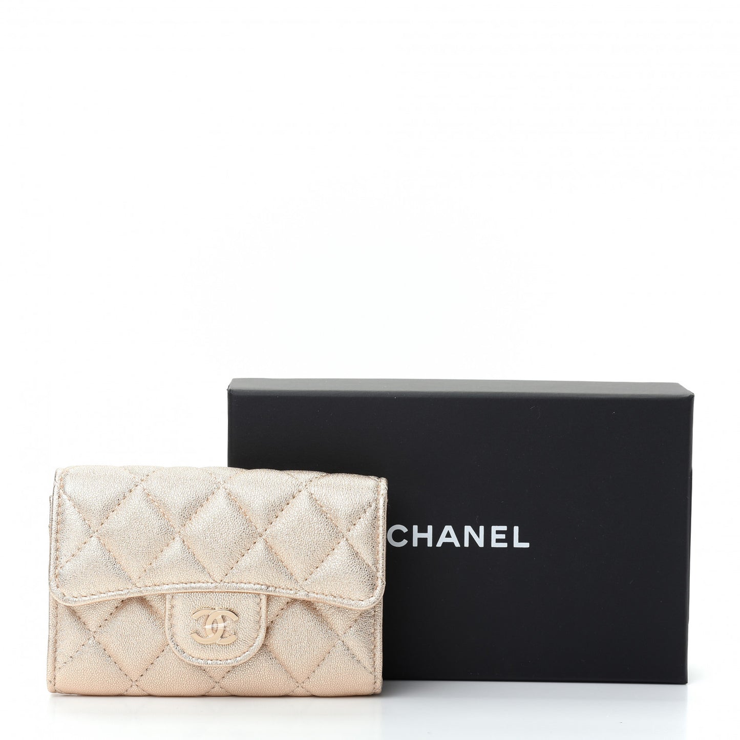 Metallic Lambskin Quilted Flap Card Holder Wallet Gold