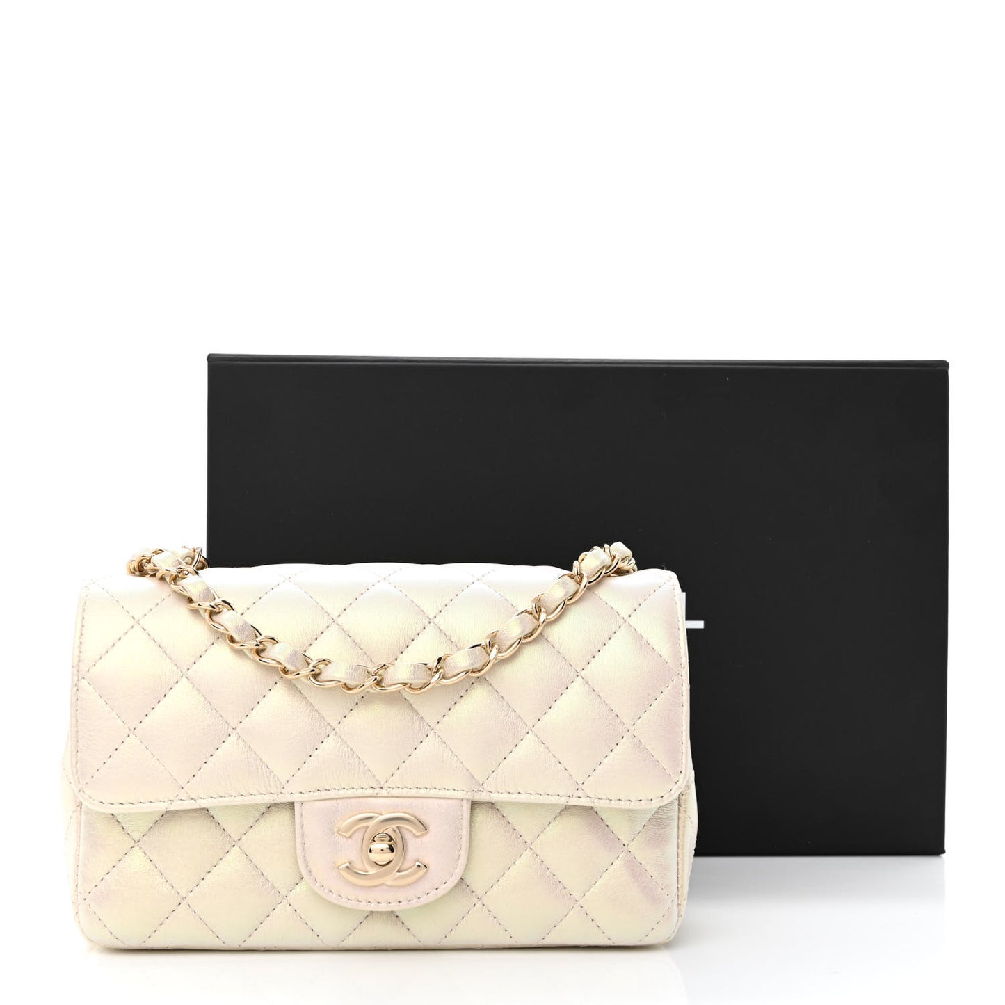 Iridescent Lambskin Quilted Mini Rectangular Flap Ivory