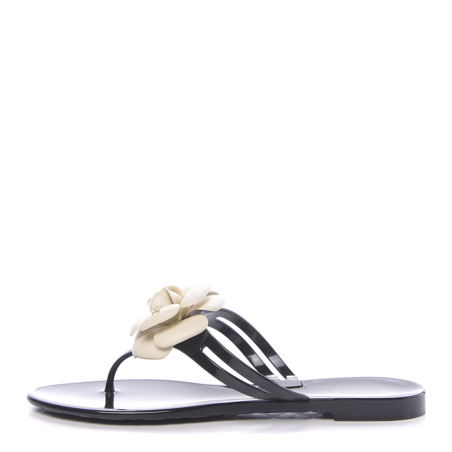 Chanel Jelly Camellia Thong Sandals 39 Black Ivory 1 of 11