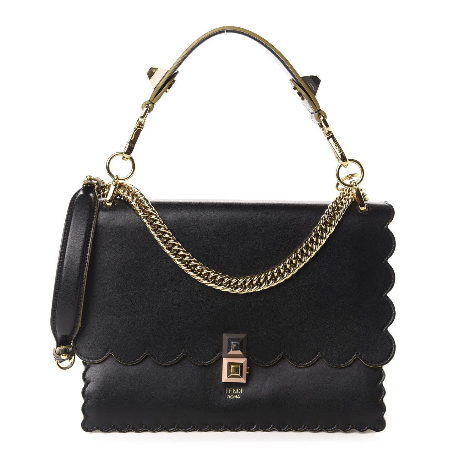 Vitello Liberty Scalloped Studded Kan I Shoulder Bag Black