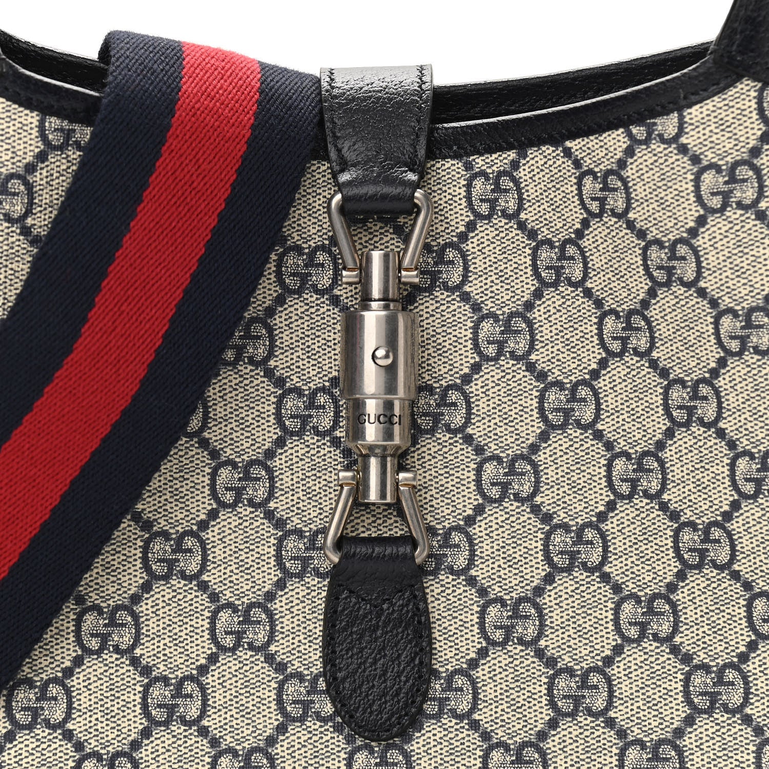 Gucci GG Supreme Monogram Textured Dollar Calfskin Web Small Jackie 1961 Hobo Beige Blue 7 of 10