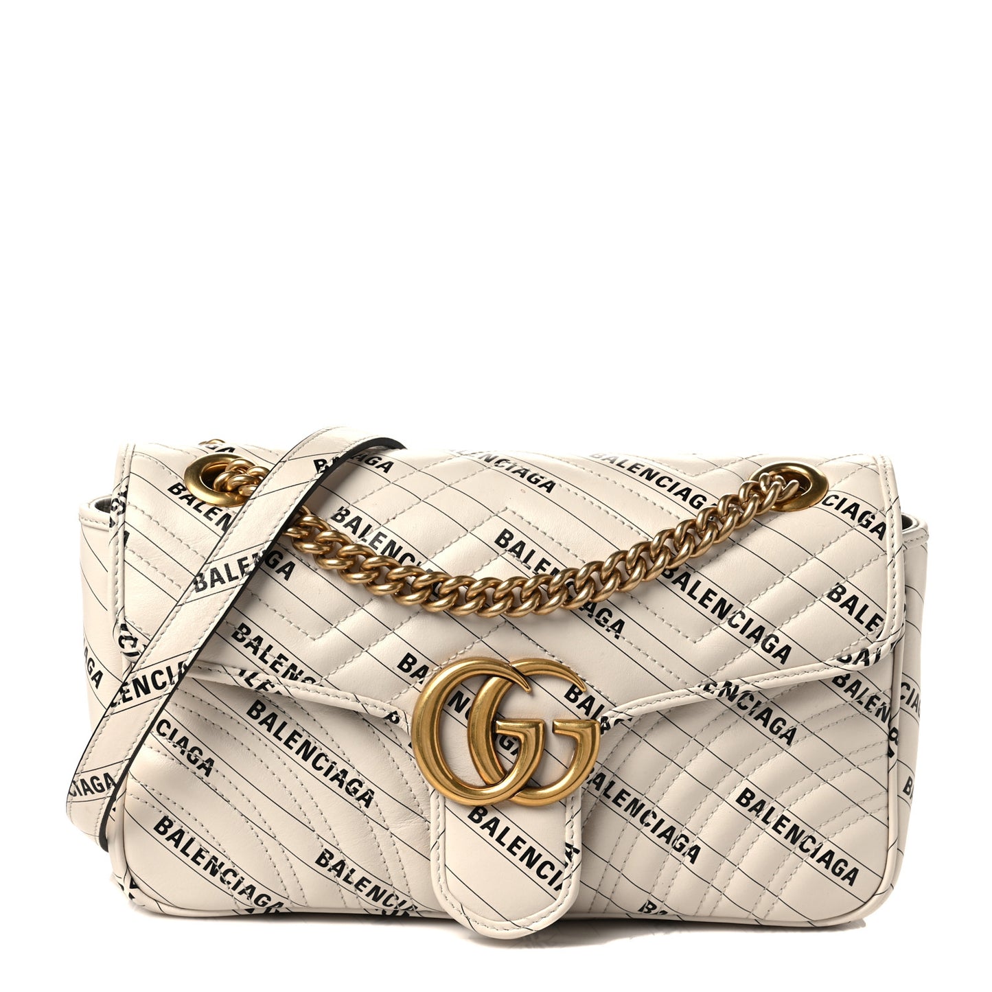 X BALENCIAGA Calfskin Matelasse Logo Print Small GG Marmont Shoulder Bag White