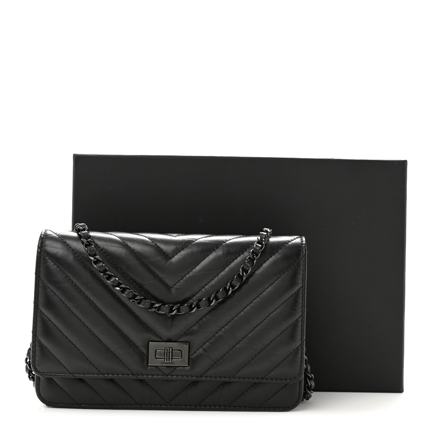 Chanel Aged Calfskin Chevron Quilted Reissue Wallet On Chain WOC So Black 14 of 14