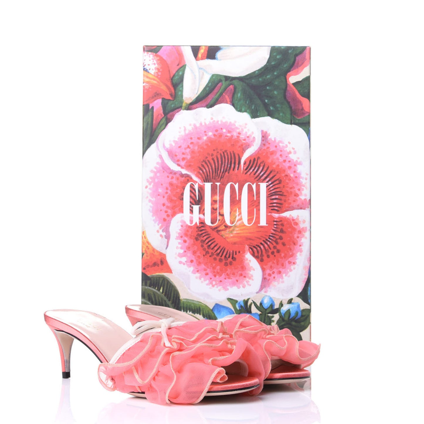 Tulle Ruffle Low Heel Slide Sandals 35.5 Peach White