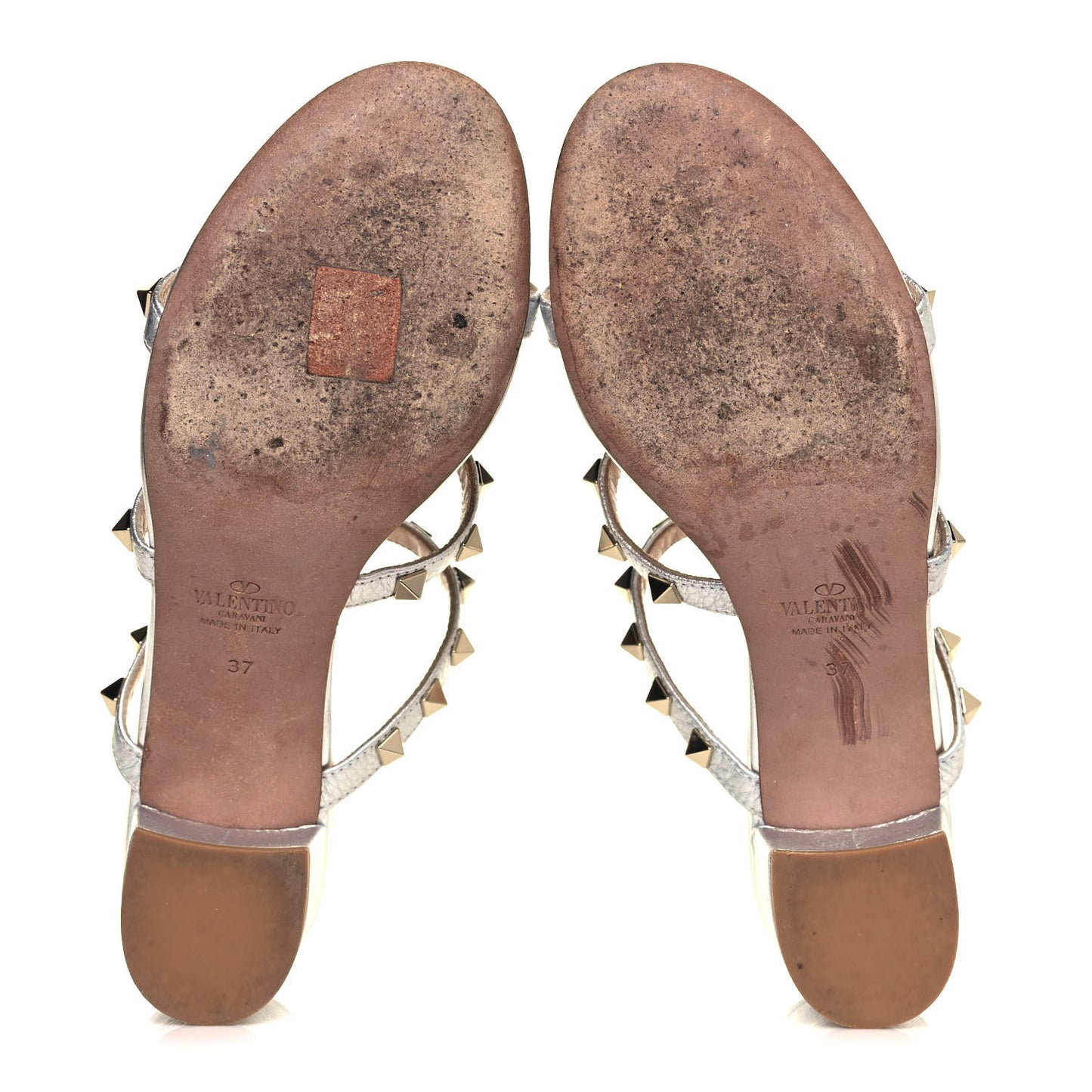 Metallic Pebbled Calfskin Rockstud Caged Slide Sandals 37 Skin