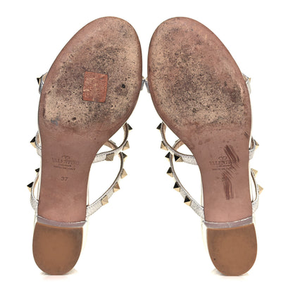 Valentino Garavani Metallic Pebbled Calfskin Rockstud Caged Slide Sandals 37 Skin 5 of 9