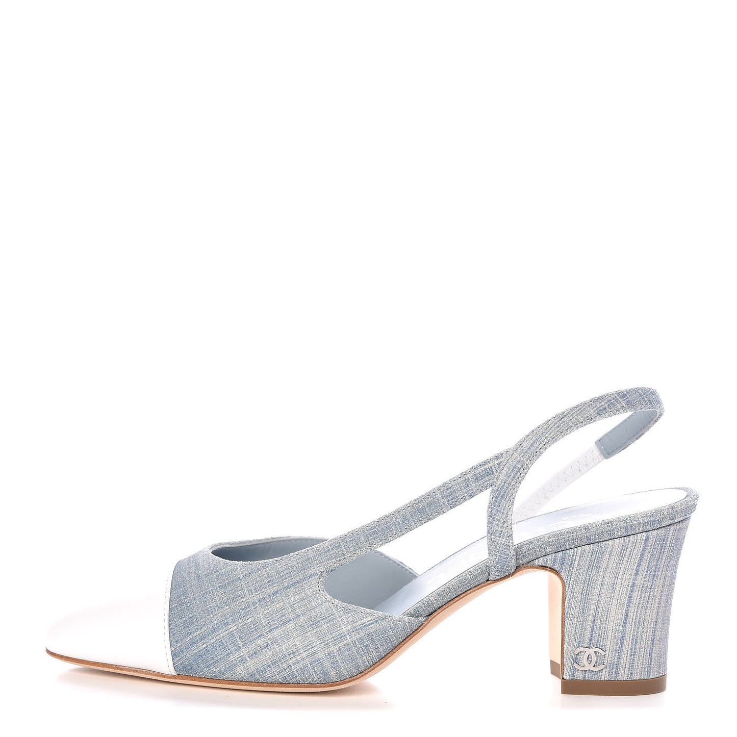 Denim Lambskin Cap Toe CC Slingback Pumps 35.5 Light Blue White