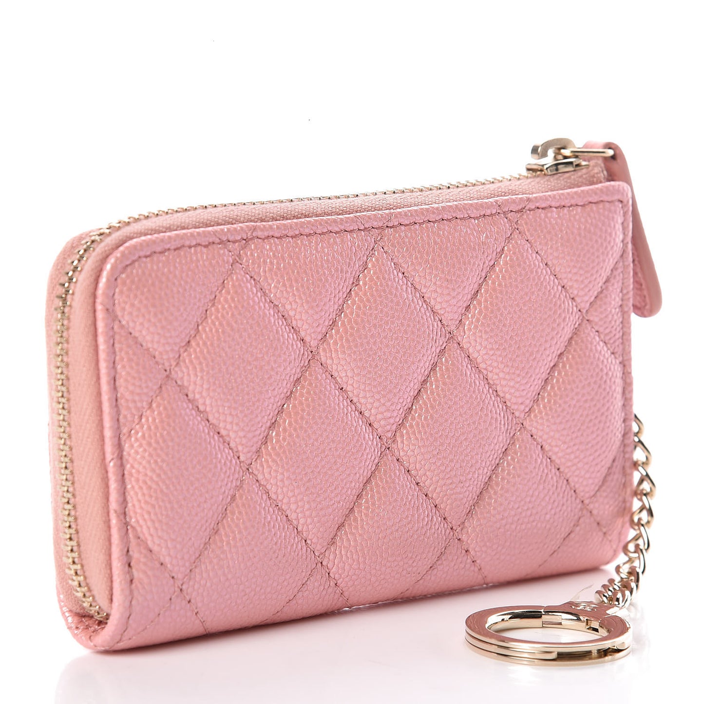Iridescent Caviar Quilted Zipped Key Holder Case Rose Pink