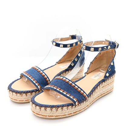 Valentino Garavani Denim Rockstud Ankle Strap Espadrille 55mm Wedge Sandals 38 Light Denim 4 of 9