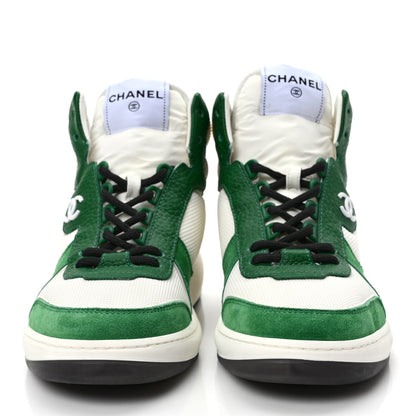Chanel Suede Fabric Grained Calfskin Womens CC High Top Sneakers 37.5 White Green 2 of 8
