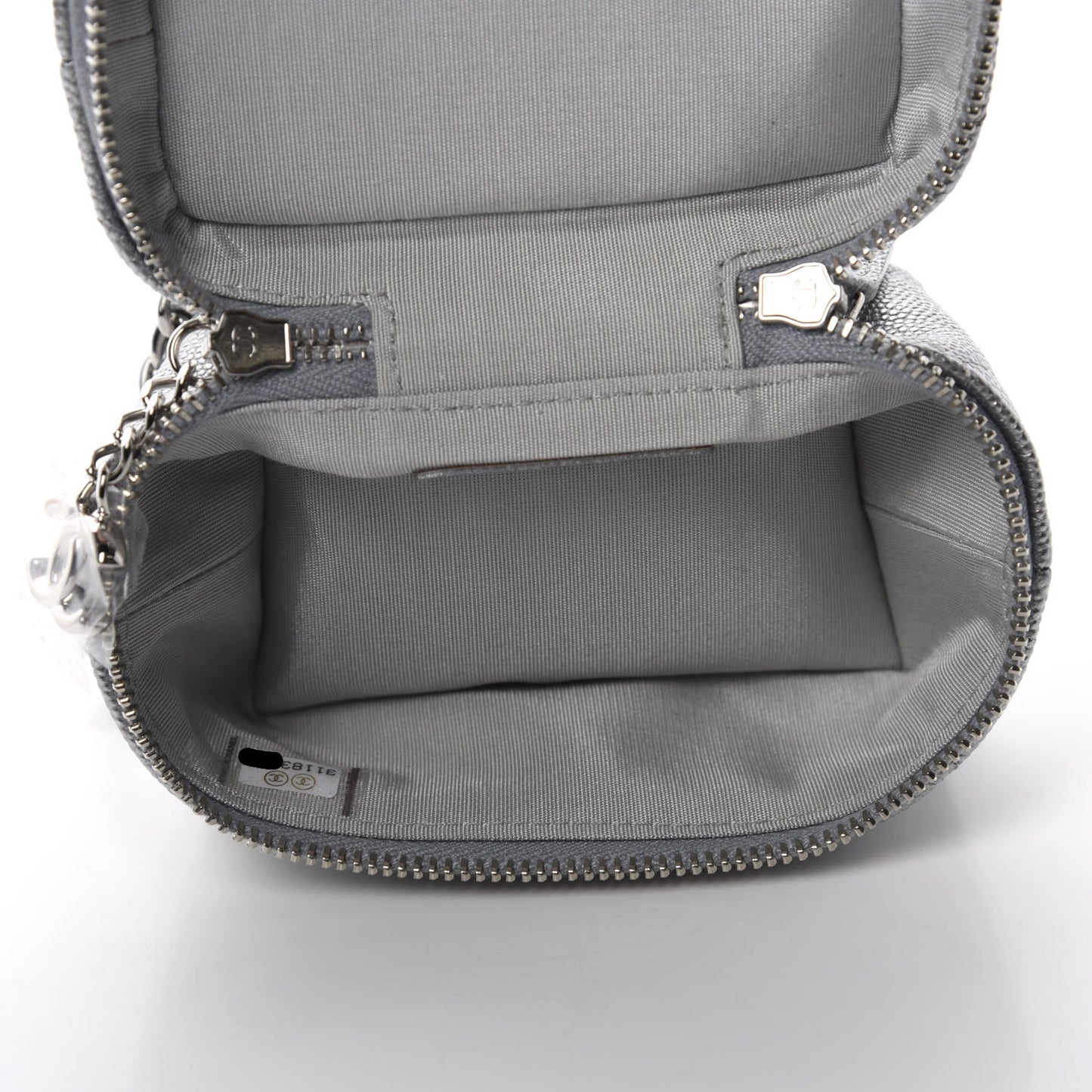 Metallic Caviar Quilted Mini Top Handle Vanity With Chain Silver